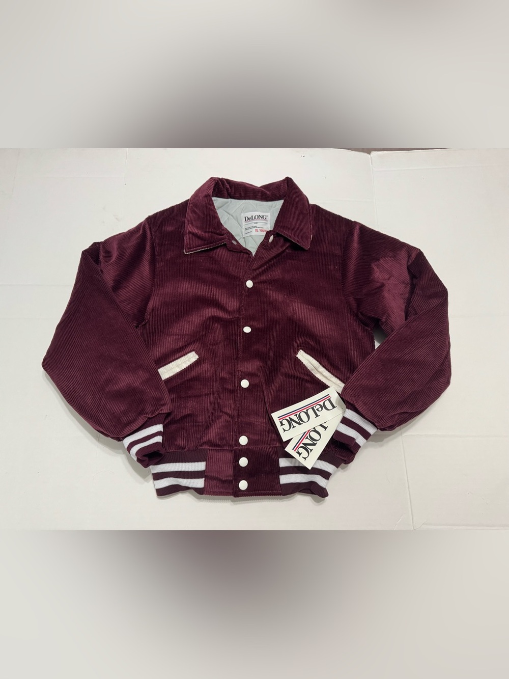 Vintage DeLong Maroon Corduroy Youth XL Women’s Small Varsity Jacket Snap Button